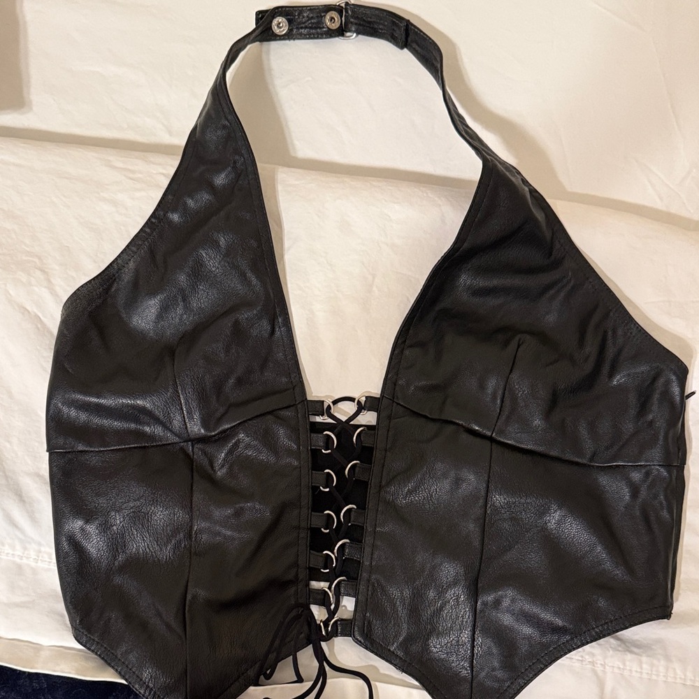 I.AM.GIA Black Faux Leather Halter Lace-Up Corset Top